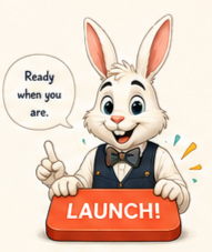 Bunny pointing to a launch sign